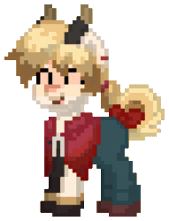 Size: 672x880 | Tagged: safe, artist:asiandra dash, imported from derpibooru, earth pony, pony, pony town, animated, bow, clothes, ear piercing, earring, eyes closed, genshin impact, gif, gloves, hair tie, horn, horns, jewelry, laughing, open mouth, piercing, pixel art, ponified, ribbon, shoes, simple background, solo, thoma (genshin impact), transparent background