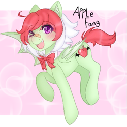 Size: 513x513 | Tagged: safe, artist:derpyvr, imported from derpibooru, oc, oc only, oc:apple fang, bat pony, pony, abstract background, bat pony oc, blushing, bowtie, looking at you, one eye closed, one wing out, open mouth, open smile, smiling, smiling at you, solo, sparkles, wings, wink, winking at you