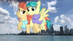 Size: 2048x1152 | Tagged: safe, artist:cheezedoodle96, edit, editor:jaredking779, imported from derpibooru, aunt holiday, auntie lofty, earth pony, pegasus, pony, chicago, clothes, female, giant pony, giantess, highrise ponies, illinois, irl, lesbian, lofty day, macro, mare, photo, ponies in real life, rearing, scarf, shipping, spread wings, story included, sweater, wings