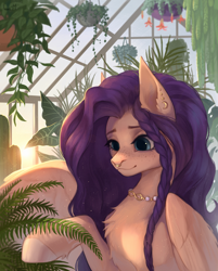 Size: 3058x3800 | Tagged: safe, artist:inarimayer, imported from derpibooru, oc, oc only, pegasus, pony, greenhouse, jewelry, necklace, plant, solo, unshorn fetlocks