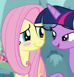 Size: 1044x1080 | Tagged: safe, imported from derpibooru, screencap, fluttershy, twilight sparkle, alicorn, pegasus, pony, it ain't easy being breezies, season 4, blushing, cropped, cute, duo, duo female, female, mare, out of context, shyabetes, smiling, twilight sparkle (alicorn)