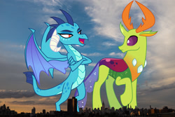 Size: 2047x1365 | Tagged: safe, artist:dashiesparkle, artist:sketchmcreations, edit, editor:jaredking779, imported from derpibooru, princess ember, thorax, changedling, changeling, dragon, dragon wings, dragoness, duo, female, giantess, highrise ponies, irl, king thorax, looking back, macro, male, manhattan, new york, new york city, open mouth, photo, ponies in real life, story included, wings
