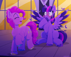 Size: 2000x1600 | Tagged: safe, artist:willoillo, imported from derpibooru, pinkie pie, twilight sparkle, alicorn, earth pony, pony, blushing, bracelet, feather, female, hoof over mouth, jewelry, lesbian, mare, night, shipping, spread wings, twilight sparkle (alicorn), twinkie, unshorn fetlocks, window, wings