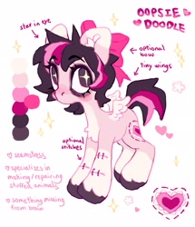 Size: 1762x2048 | Tagged: safe, artist:p0nyplanet, imported from derpibooru, oc, oc only, oc:oopsie doodle, pegasus, pony, bow, hair bow, reference sheet, scar, simple background, small wings, solo, starry eyes, white background, wingding eyes, wings