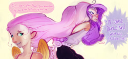 Size: 1280x590 | Tagged: safe, artist:yunni-yunni, imported from derpibooru, fluttershy, rarity, human, duo, female, glasses, horn, horned humanization, humanized, impossibly long hair, struggling, winged humanization, wings