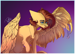 Size: 3500x2500 | Tagged: safe, artist:norvelrejclub, imported from derpibooru, oc, oc only, oc:yuris, pegasus, pony, chest fluff, ears back, elbow fluff, feather fingers, female, freckles, gradient background, high res, jewelry, partially open wings, pendant, simple background, solo, spread wings, trade, wing hands, wings