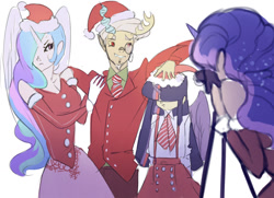 Size: 1280x925 | Tagged: safe, artist:yunni-yunni, imported from derpibooru, discord, princess celestia, princess luna, twilight sparkle, alicorn, human, camera, celestia is not amused, christmas, clothes, female, group photo, hair over eyes, hair over one eye, hat, holiday, horn, horned humanization, horns, humanized, male, monocle, santa hat, suit, suspenders, twilight sparkle (alicorn), unamused, winged humanization, wings