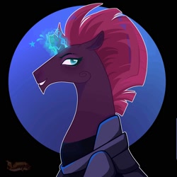 Size: 2000x2000 | Tagged: safe, artist:fourteennails, imported from derpibooru, tempest shadow, pony, unicorn, broken horn, bust, female, glowing, glowing horn, grin, horn, looking at you, magic, magic aura, mare, profile, smiling, smiling at you, solo, sparks
