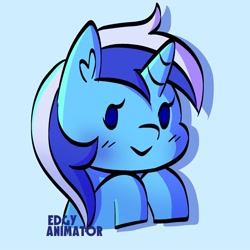 Size: 2000x2000 | Tagged: safe, artist:edgyanimator, derpibooru exclusive, imported from derpibooru, minuette, pony, unicorn, blue background, blue coat, blue hair, blue mane, blushing, bust, cel shading, chibi, cute, female, horn, mare, minubetes, portrait, shading, simple, simple background, smiling, solo