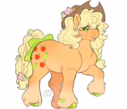 Size: 3524x3024 | Tagged: safe, artist:mysthooves, imported from derpibooru, applejack, earth pony, pony, bow, female, flower, flower in tail, g1, g4, g4 to g1, generation leap, mare, simple background, smiling, solo, tail, tail bow, unshorn fetlocks, white background