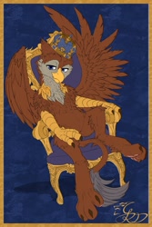 Size: 2083x3117 | Tagged: safe, artist:thatonegib, imported from derpibooru, oc, oc only, oc:peregrine, griffon, claws, crown, griffon oc, jewelry, looking at you, paws, regalia, sitting, smiling, smirk, solo, spread wings, throne, wings