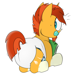 Size: 1378x1378 | Tagged: safe, artist:soulless_76, imported from derpibooru, sunburst, book, diaper, diapered, looking back, lying down, male, non-baby in diaper, pacifier, shocked, simple background, solo, surprised, white background, white diaper