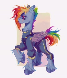 Size: 1762x2048 | Tagged: safe, artist:p0nyplanet, imported from derpibooru, rainbow dash, pony, alternate timeline, amputee, artificial wings, augmented, clothes, prosthetic limb, prosthetic wing, prosthetics, uniform, wings