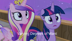 Size: 1280x720 | Tagged: safe, edit, edited screencap, imported from derpibooru, screencap, princess cadance, twilight sparkle, alicorn, pony, once upon a zeppelin, airship, caption, image macro, meme, sisters-in-law, text, twilight sparkle (alicorn), varying degrees of want, zeppelin