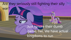 Size: 1280x720 | Tagged: safe, edit, edited screencap, imported from derpibooru, screencap, princess cadance, twilight sparkle, alicorn, pony, derpibooru, once upon a zeppelin, airship, caption, floppy ears, image macro, meta, sad, sisters-in-law, text, twilight sparkle (alicorn), zeppelin