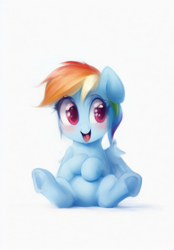 Size: 512x736 | Tagged: safe, imported from derpibooru, rainbow dash, pegasus, pony, ai content, ai generated, baby, baby pony, cute, female, filly, foal, open mouth, simple background, solo, white background