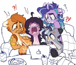 Size: 2048x1762 | Tagged: safe, artist:p0nyplanet, imported from derpibooru, oc, oc only, oc:mort, earth pony, pegasus, pony, unicorn, blanket, chips, computer, couch, crying, exclamation point, food, laptop computer, pizza, simple background, soda can, tissue box, white background