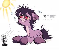 Size: 2048x1716 | Tagged: safe, artist:p0nyplanet, imported from derpibooru, oc, oc only, oc:mort, earth pony, pony, fan, simple background, sun, sweat, white background