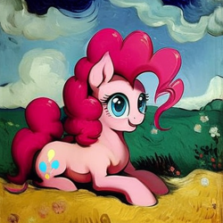 Size: 512x512 | Tagged: safe, imported from derpibooru, pinkie pie, earth pony, pony, ai content, ai generated, cute, female, generator:stable diffusion, lying down, mare, prone, solo, vincent van gogh
