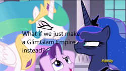 Size: 1280x720 | Tagged: safe, edit, edited screencap, imported from derpibooru, screencap, princess celestia, princess luna, starlight glimmer, alicorn, pony, unicorn, derpibooru, a royal problem, caption, image macro, meta, text