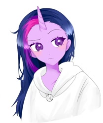 Size: 697x832 | Tagged: safe, artist:rainn__1026, imported from derpibooru, twilight sparkle, alicorn, human, equestria girls, rarity's biggest fan, spoiler:interseason shorts, bathrobe, clothes, cropped, equestria girls interpretation, female, horn, horned humanization, humanized, loose hair, robe, scene interpretation, screencap reference, simple background, solo, spa, twilight sparkle (alicorn), wet hair, white background