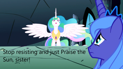 Size: 1366x768 | Tagged: safe, edit, edited screencap, imported from derpibooru, screencap, princess celestia, princess luna, alicorn, pony, derpibooru, friendship is magic, caption, image macro, meta, s1 luna, text