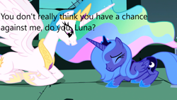 Size: 1366x768 | Tagged: safe, edit, edited screencap, imported from derpibooru, screencap, princess celestia, princess luna, alicorn, pony, derpibooru, friendship is magic, caption, downvote bait, image macro, meta, op is a duck, s1 luna, text