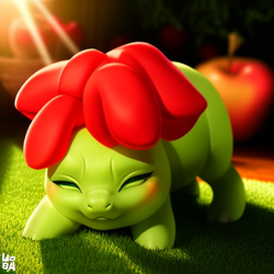 Size: 512x512 | Tagged: safe, imported from derpibooru, apple bloom, bulbasaur, hybrid, pony, ai content, ai generated, bust, eyes closed, generator:stable diffusion, pokefied, pokémon, portrait