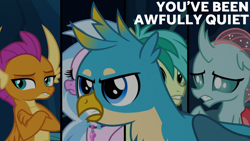 Size: 2000x1125 | Tagged: safe, edit, edited screencap, editor:quoterific, imported from derpibooru, screencap, gallus, ocellus, sandbar, silverstream, smolder, changedling, changeling, dragon, earth pony, griffon, hippogriff, pony, uprooted