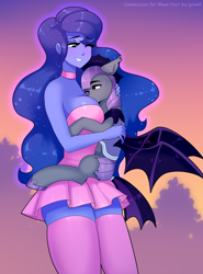 Size: 2220x3000 | Tagged: safe, artist:xjenn9, imported from derpibooru, princess luna, bat pony, human, pony, equestria girls, clothes, female, hug, male, night guard, socks, stallion, thigh highs, vice principal luna