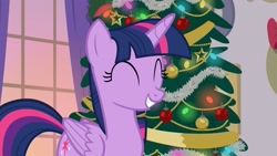 Size: 1920x1080 | Tagged: safe, imported from derpibooru, screencap, twilight sparkle, alicorn, pony, season 8, the hearth's warming club, spoiler:s08, ^^, adorkable, christmas, christmas tree, cute, dork, eyes closed, female, hearth's warming tree, holiday, mare, smiling, solo, tree, twiabetes, twilight sparkle (alicorn)