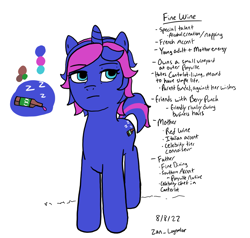 Size: 1085x1031 | Tagged: safe, artist:zan logemlor, imported from derpibooru, oc, oc only, oc:fine wine, pony, unicorn, alcohol, bottle, cutie mark, female, horn, mare, reference sheet, signature, simple background, solo, text, unicorn oc, white background