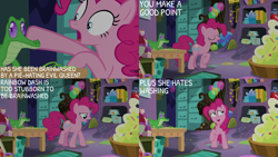 Size: 2000x1125 | Tagged: safe, edit, edited screencap, editor:quoterific, imported from derpibooru, screencap, gummy, pinkie pie, alligator, earth pony, pony, secrets and pies, balloon, file cabinet, party cave