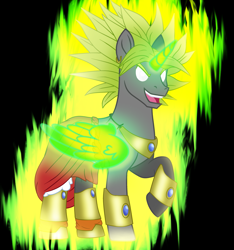 Size: 2809x2998 | Tagged: safe, artist:harmonicdreemur1308, artist:starshade, imported from derpibooru, alicorn, pony, alicorn oc, artificial horn, artificial wings, augmented, base used, broly, dragon ball, dragon ball z, horn, magic, magic horn, magic wings, male, ponified, raised hoof, solo, stallion, super saiyan, white eyes, wings