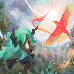 Size: 1465x1465 | Tagged: safe, artist:wolfiedrawie, imported from derpibooru, oc, oc only, changeling, changeling queen, phoenix, fanfic art, flying, forest, solo, sun