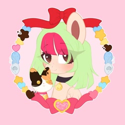 Size: 2000x2000 | Tagged: safe, artist:dreamyveon_, imported from derpibooru, oc, oc only, cat, pegasus, pony, bell, blushing, bow, brown eyes, female, hair, mane, mare, smiling, solo, tail, wings