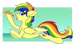 Size: 2008x1276 | Tagged: safe, artist:koapony, imported from derpibooru, oc, oc only, oc:rainbow prism, pegasus, pony, caught, colored wings, colored wingtips, ears back, eyebrows, eyebrows visible through hair, food, looking at you, lying down, open mouth, pizza, prone, solo, tongue out, two toned wings, wide eyes, wings