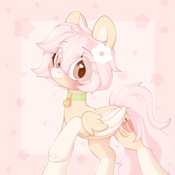 Size: 2000x2000 | Tagged: safe, artist:dreamyveon_, imported from derpibooru, oc, oc only, pegasus, pony, bell, ears, ears up, flower, flower in hair, hair, heart, heart eyes, looking at you, mane, pink background, pink hair, pink tail, simple background, smiling, smiling at you, solo, tail, wingding eyes, wings