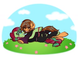 Size: 2000x1500 | Tagged: safe, artist:koapony, imported from derpibooru, oc, oc only, earth pony, pony, unicorn, clothes, cuddling, eyebrows, eyebrows visible through hair, eyes closed, lying down, lying on the ground, open mouth, open smile, raspberry, smiling, tongue out, torn clothes