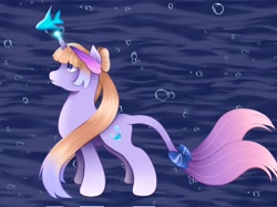 Size: 2048x1535 | Tagged: safe, artist:bubbleyfishey, imported from derpibooru, fish, merpony, pony, bubble, fish tail, genshin impact, horn, ocean, ponified, sangonomiya kokomi (genshin impact), solo, tail, underwater, water