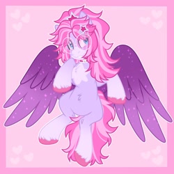 Size: 2048x2048 | Tagged: safe, artist:moonydropps, imported from derpibooru, oc, oc only, pegasus, pony, female, flying, glasses, hair, mane, mare, pink background, pink hair, pink mane, pink tail, simple background, smiling, solo, spread wings, tail, wings