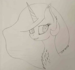 Size: 1213x1125 | Tagged: safe, artist:just rusya, derpibooru exclusive, imported from derpibooru, princess celestia, alicorn, pony, bust, looking back, monochrome, pencil drawing, portrait, smiling, solo, traditional art