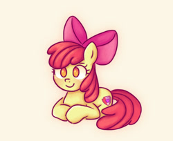 Size: 598x488 | Tagged: safe, artist:memethyst-art, imported from derpibooru, apple bloom, earth pony, pony, blushing, female, filly, foal, lying down, simple background, smiling, solo, yellow background