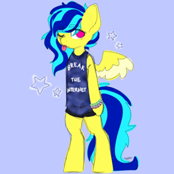 Size: 1000x1000 | Tagged: safe, artist:koapony, imported from derpibooru, pegasus, semi-anthro, clothes, colored wings, colored wingtips, eyebrows, eyebrows visible through hair, looking at you, one eye closed, raspberry, shirt, shorts, solo, spread wings, tongue out, two toned wings, wings, wink