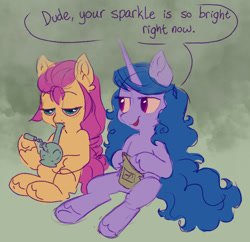 Size: 1412x1364 | Tagged: safe, artist:horse-time-babey, imported from derpibooru, izzy moonbow, sunny starscout, earth pony, pony, unicorn, bong, dialogue, drugs, duo, food, g5, marijuana