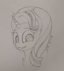 Size: 2010x2250 | Tagged: safe, derpibooru exclusive, imported from derpibooru, starlight glimmer, pony, unicorn, :3, bust, chest fluff, looking at you, monochrome, pencil drawing, portrait, smiling, solo, traditional art