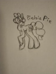 Size: 3120x4160 | Tagged: safe, imported from derpibooru, pinkie pie, earth pony, pony, 2d, bad quality, chibi, cute, doodle, female, grayscale, hair, mare, monochrome, original art, original style, paper, pencil drawing, side view, sketch, tail, traditional art