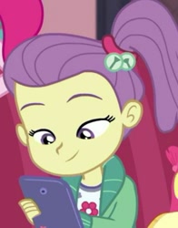 Size: 367x467 | Tagged: safe, imported from derpibooru, screencap, human, equestria girls, equestria girls series, pinkie sitting, cellphone, cropped, lily pad (g4), phone, smartphone, solo