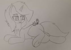 Size: 3132x2209 | Tagged: safe, artist:just rusya, derpibooru exclusive, imported from derpibooru, oc, oc:4 bore, pony, unicorn, car, chest fluff, lying, lying down, macro, missile launcher, monochrome, on side, open mouth, pencil drawing, smiling, solo, traditional art, underhoof