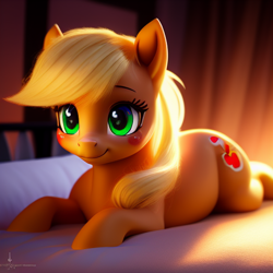 Size: 512x512 | Tagged: safe, imported from derpibooru, applejack, earth pony, pony, ai content, ai generated, bed, cute, female, jackabetes, lying down, mare, on bed, prone, solo